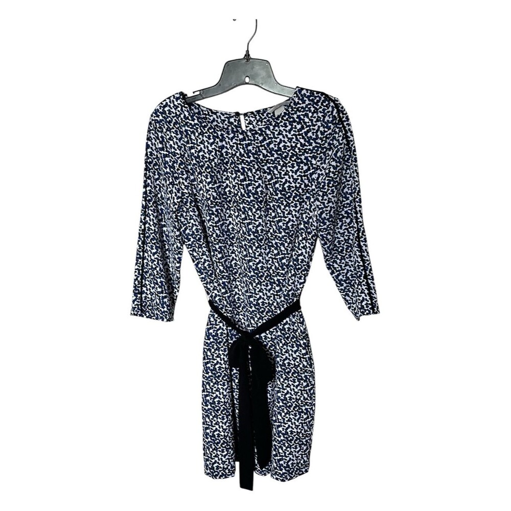 H&M Blue & Black Spotted Pattern Belted Lined Crepe Fabric Shift Dress Size 10
